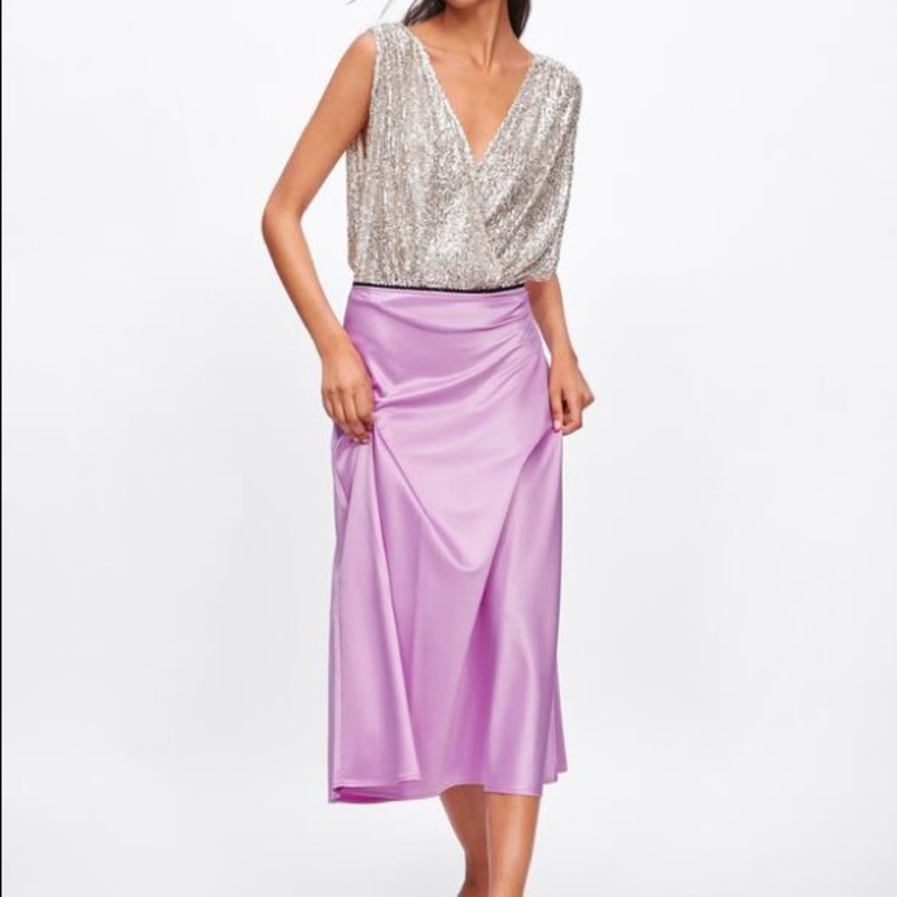 ZARA Pink Satin Midi Skirt
